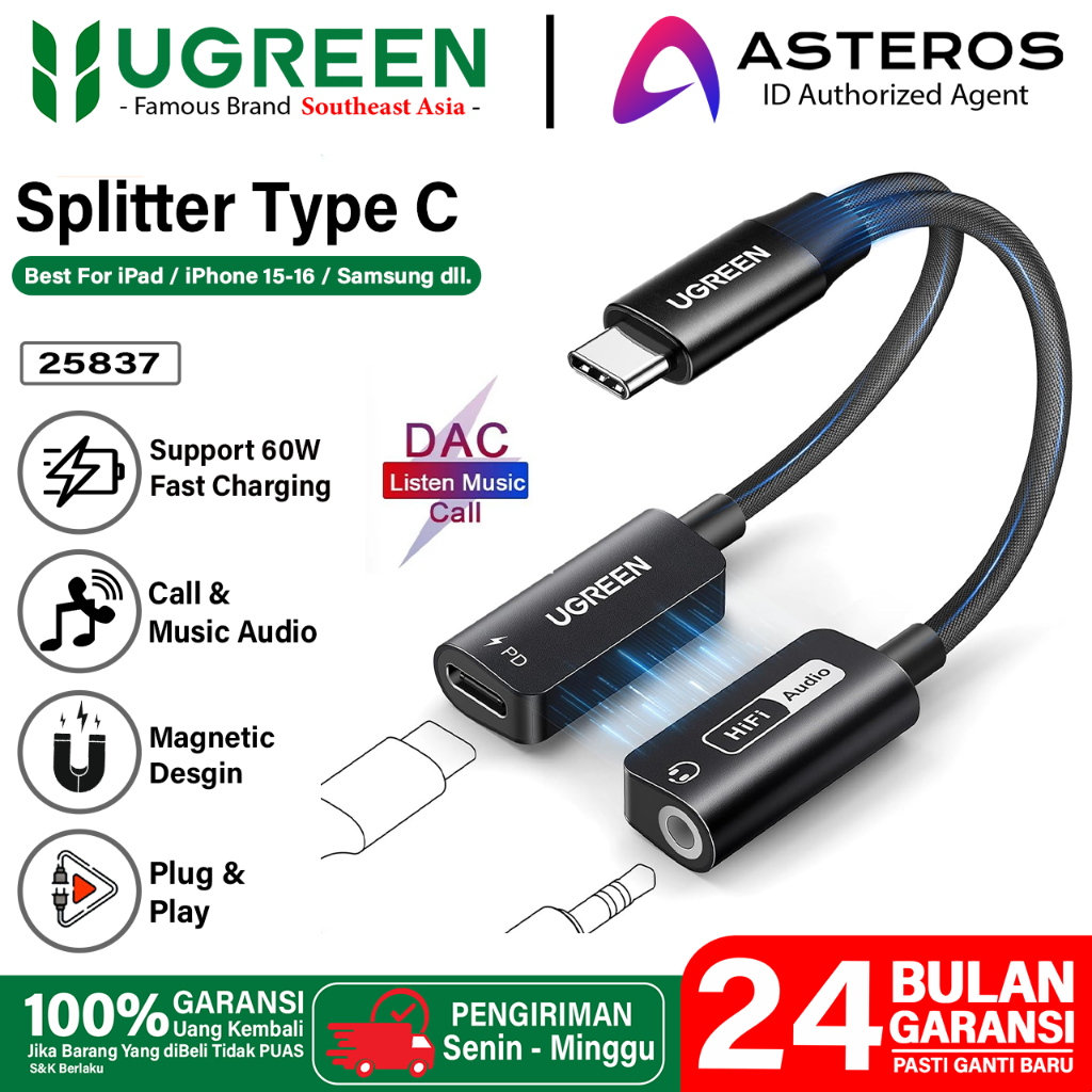 Ugreen Magnetic Splitter Type C to Jack Audio Adapter 2-in-1 Hi-Res ...