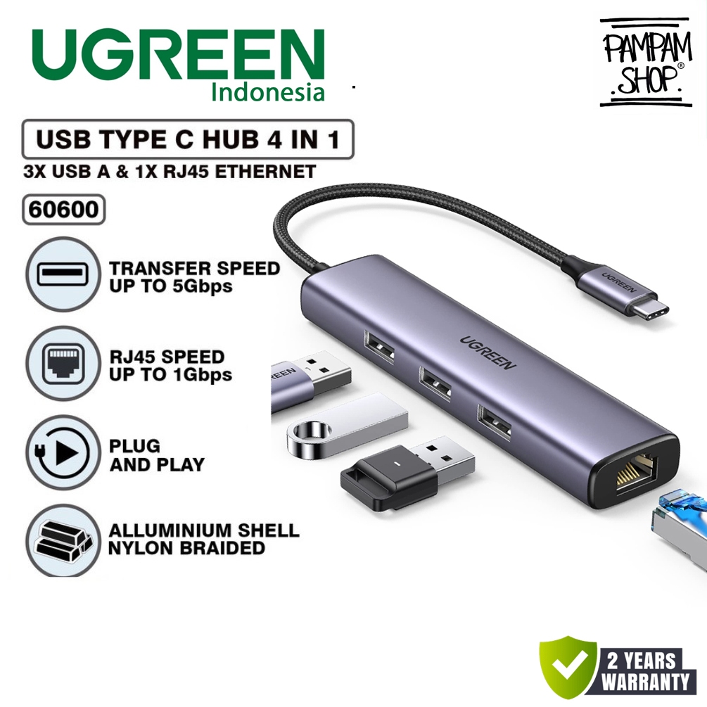 Ugreen 60600 HUB 4 in 1 Type C to 3 USB A 3.0 + 1 LAN Port RJ45 Gigabit ...