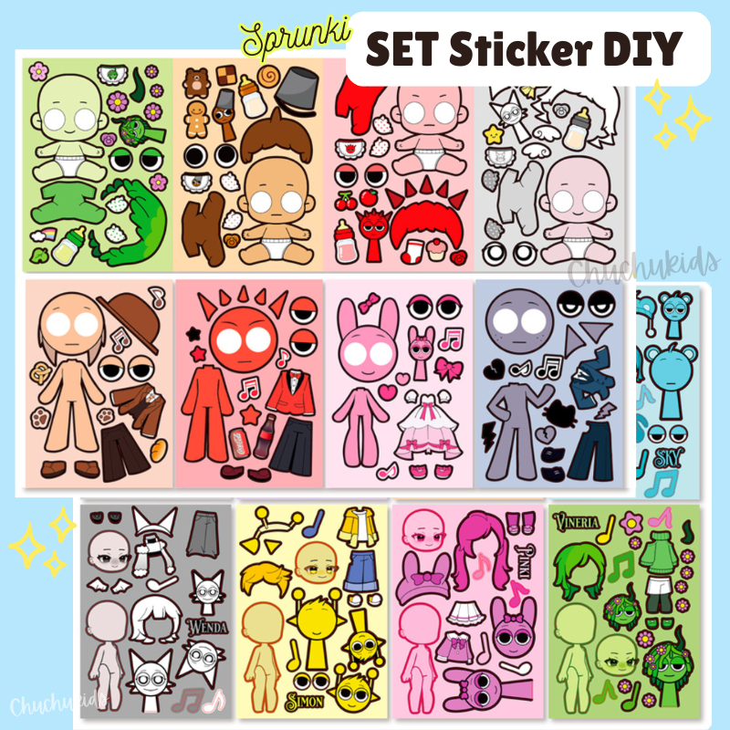 SPRUNKI Sticker SET 8 Sheets Dandy World Dress Up Face Changing Sticker ...