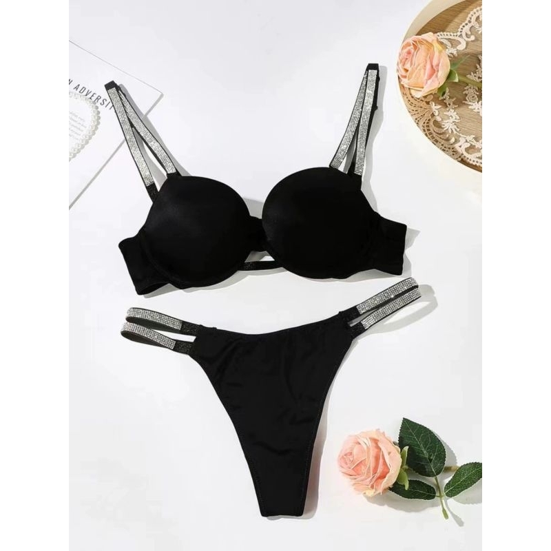 [Bra SET - CUT LABEL] Vi Es 8040 Rhinestone Double Strap Black Motif ...