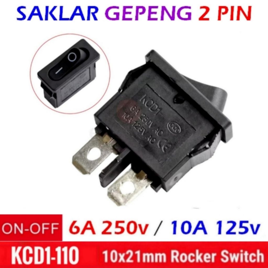 ON OFF Flat Switch 2 Pin Rocker Switch 6A 250V 10A 125V - 21×10mm ...