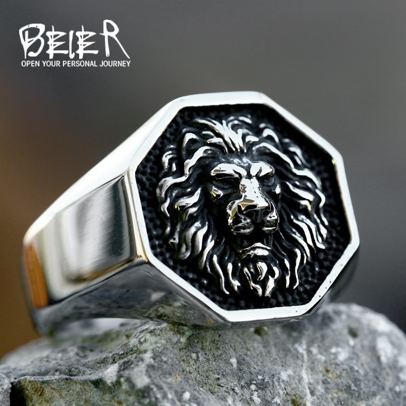 Men's Lion Head Wedding Ring - Stainless Steel With Carbon Fiber, Red CZ & Agate, Size 8-15 | AGI Certified, Gift Ready