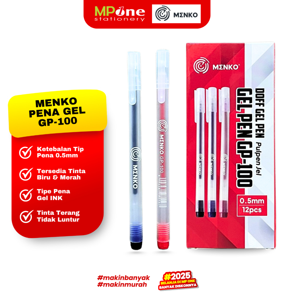 MERAH (1 BOX) MENKO GP-100 Gel Pen Red & Blue Ink 0.5mm / Red/Blue Gel ...