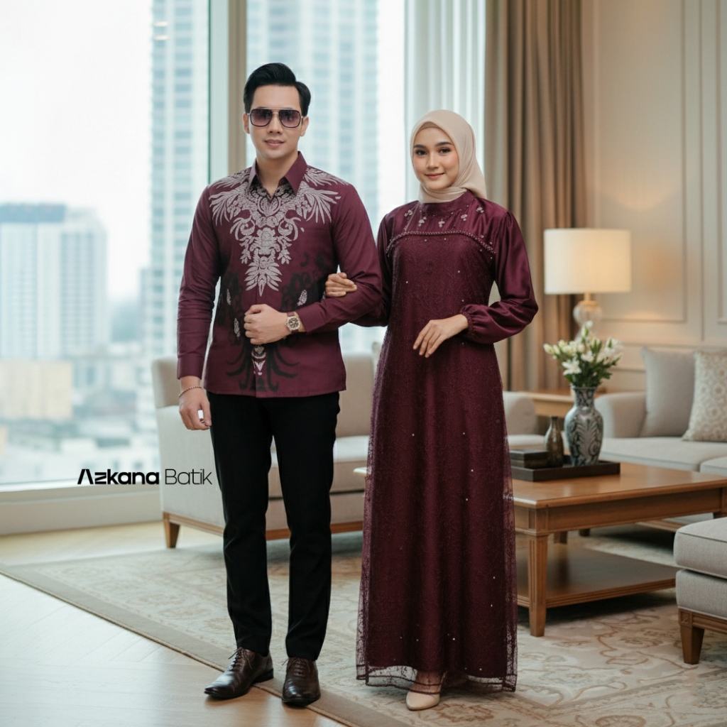 Azkana Batik - Couple Gamis Lebaran 2026 Latest Mahogany Couple Clothes  Tulle Brocade Gamis Party Dress Engagement Invitation Muslimah Mahogani  Color Baju Couple Set