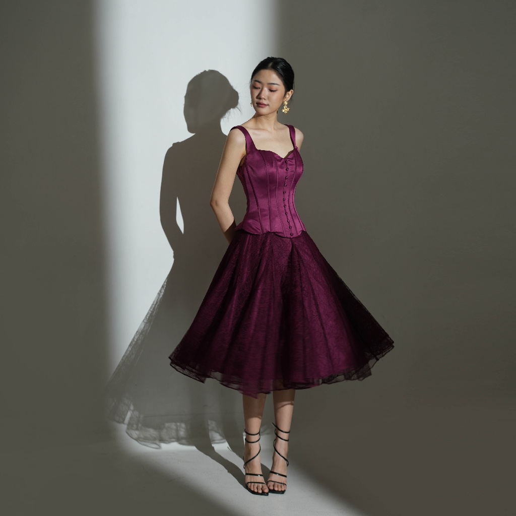 COMA LABEL - Elysia Midi Dress in Burgundy Red, Purple Haze & Black ...