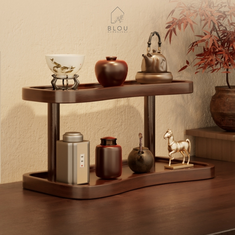 Blou 2-Tier Wooden Display Rack Minimalist Display Rack Wooden Tea Rack ...