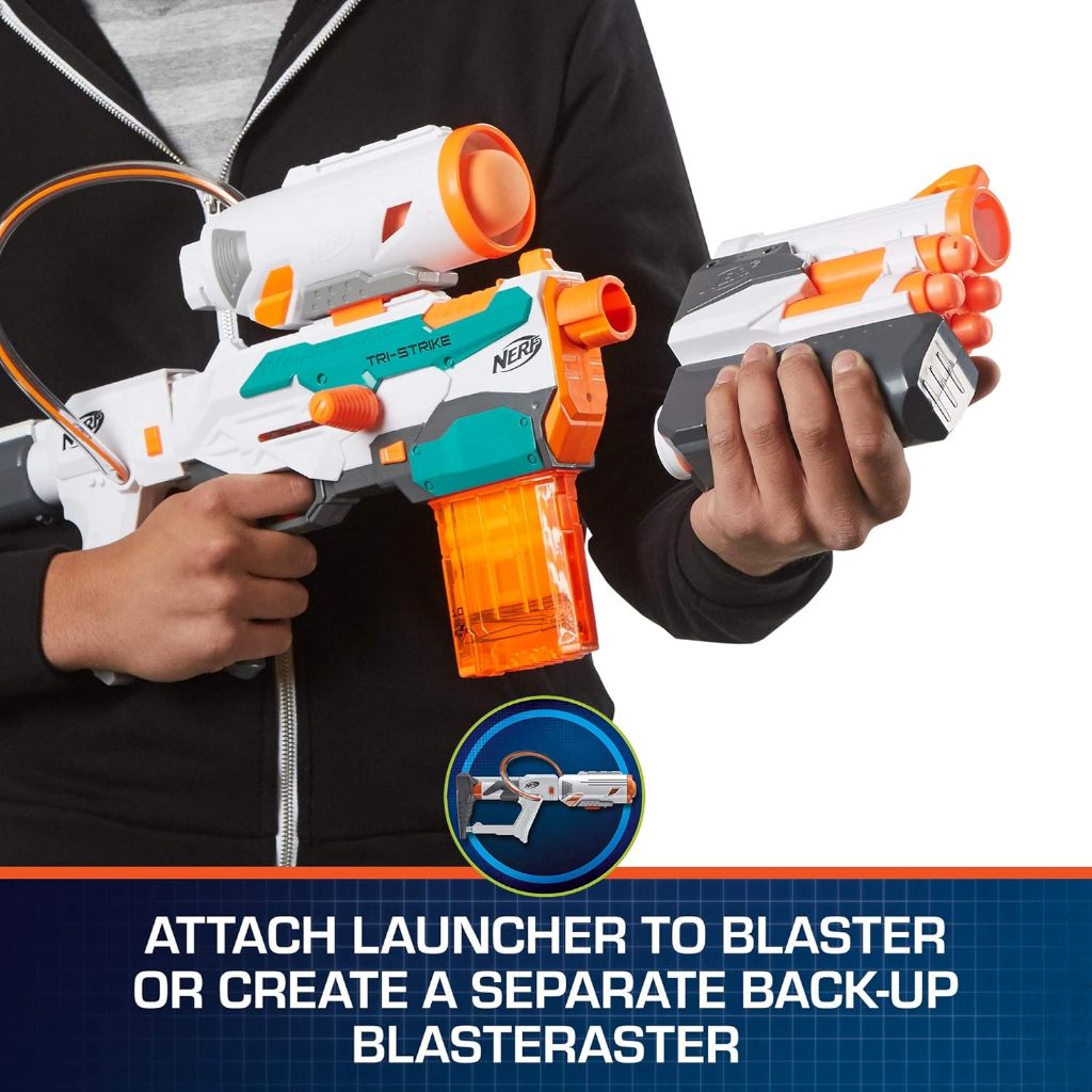 Nerf Modulus Tri-Strike Blaster, Mega Barrel, Rocket Launcher, Clip, 1 ...