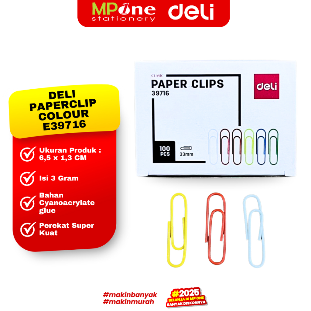 Deli Paperclip Color 33mm 39716 Colorful Paper Clips 100 Pcs Paperclip ...