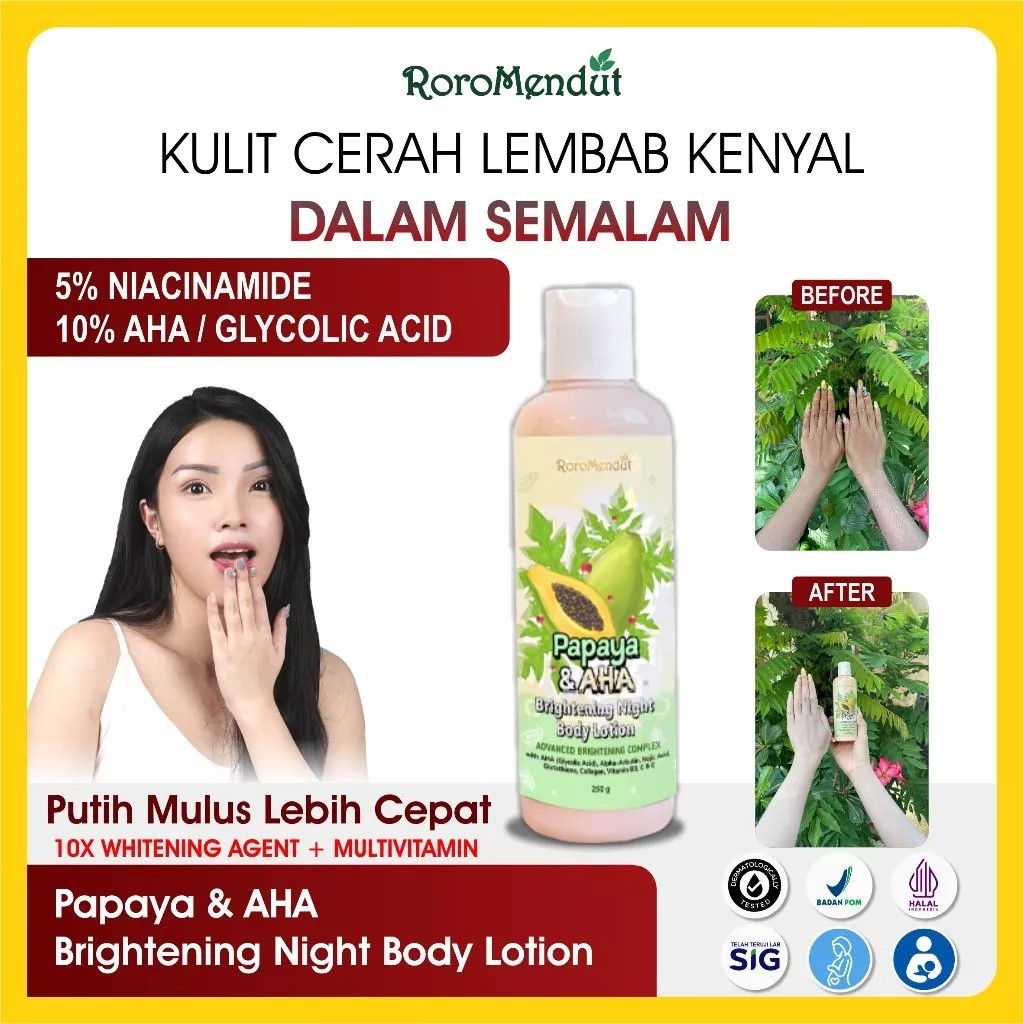 Roro Mendut Papaya & AHA Night Whitening Brightening Body Lotion Papaya ...