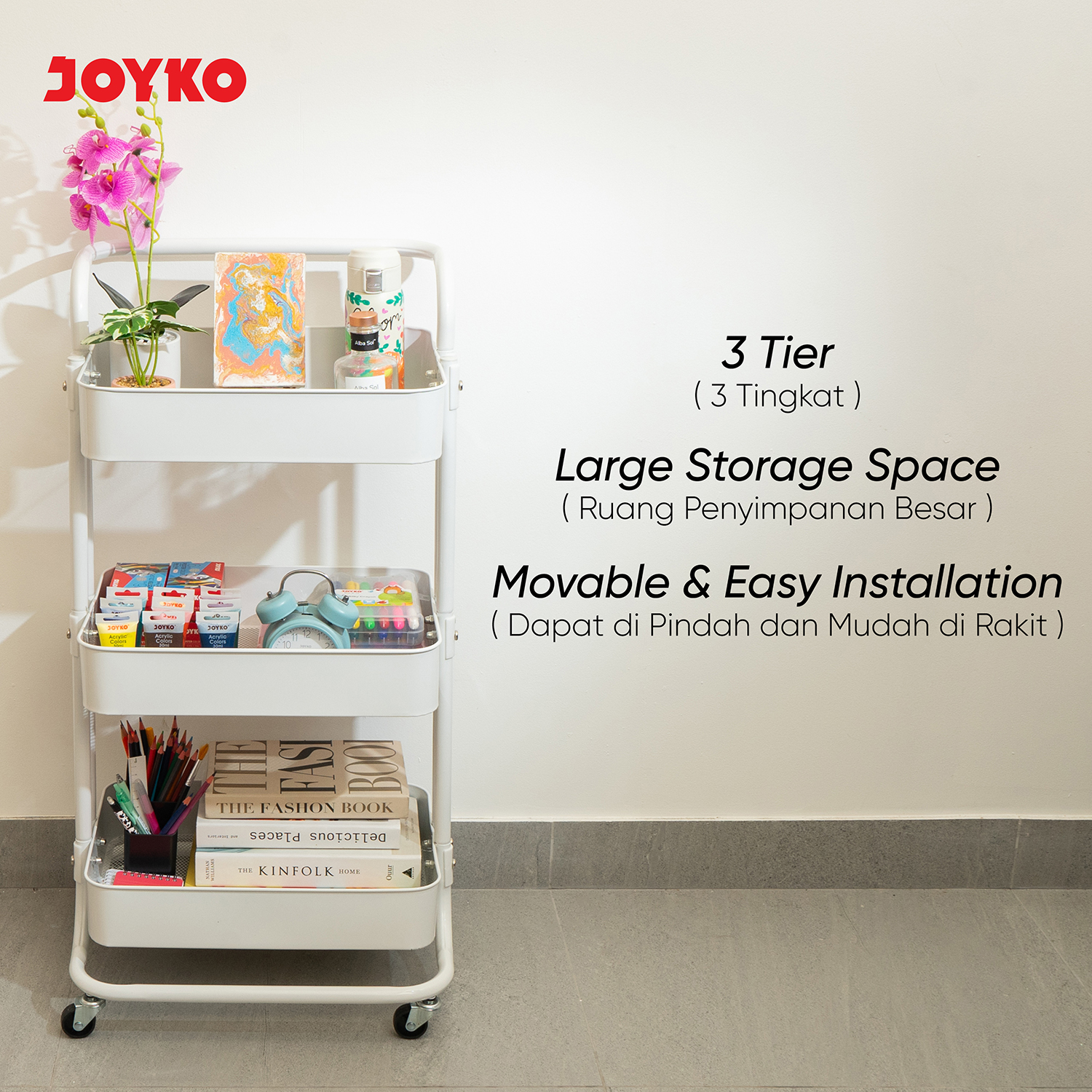 JOYKO Rack 3 Tier Storage Trolley Wheels Rolling Storage Cart 3 Tier ...