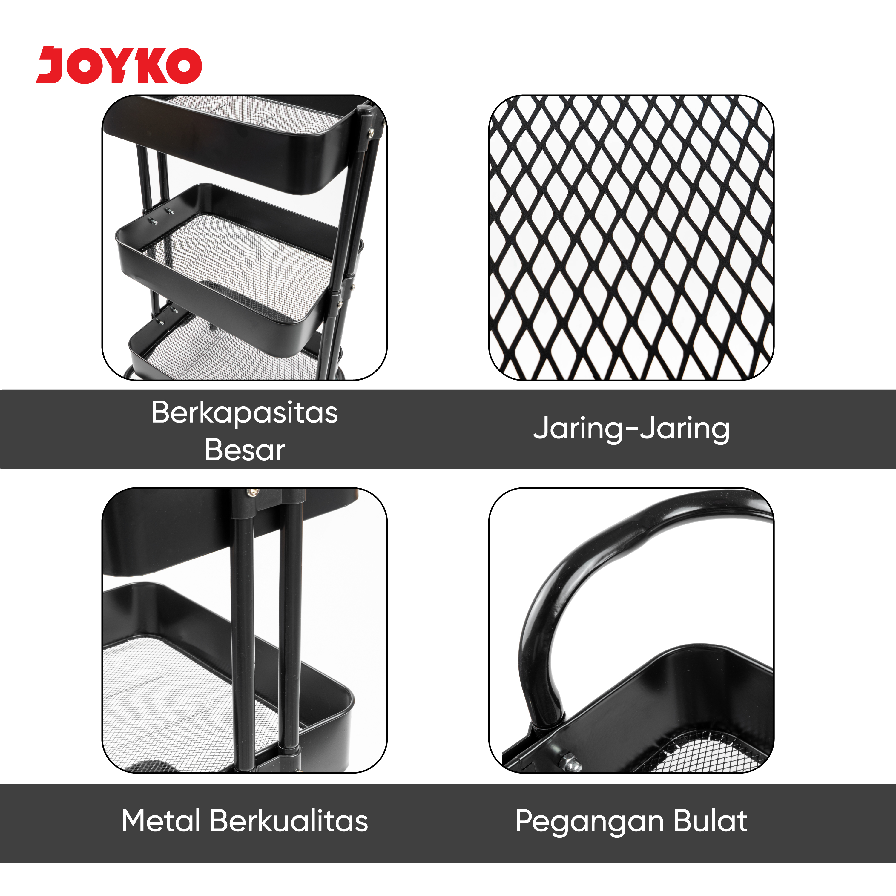 JOYKO Rack 3 Tier Storage Trolley Wheels Rolling Storage Cart 3 Tier ...