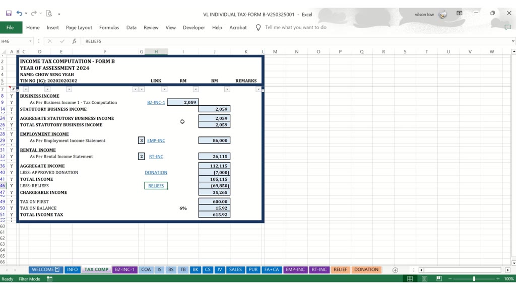 VL Tax Computation Excel Template Form B Financial Stmt & Bookeeping ...