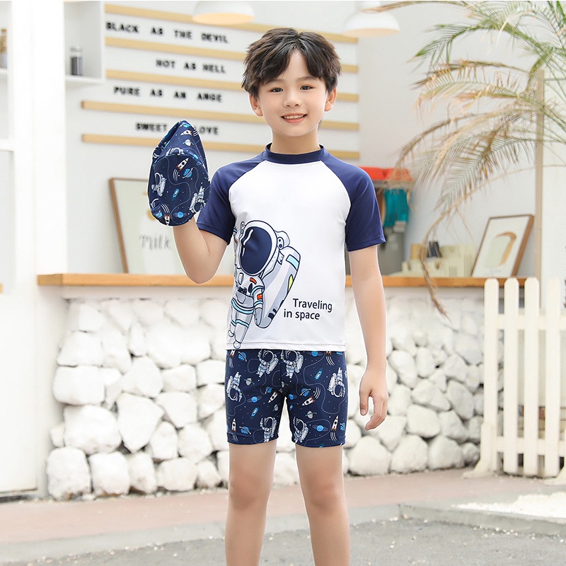 Kids Swimwear with Swim Hat 12 50KG Boys Short Sleeve Swimming Suit Youth Fashion Print Space Plus Size Swimsuit Shopee Malaysia
