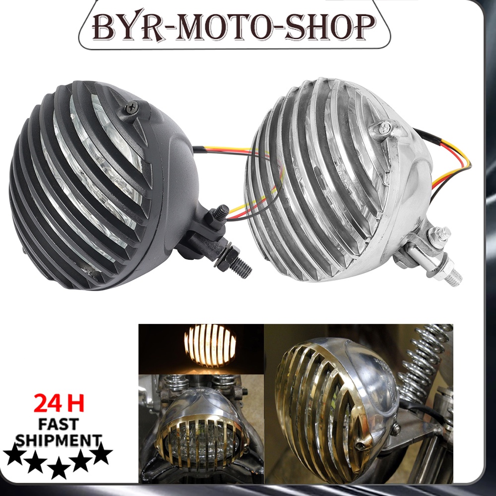New Motorcycle Headlamp 5"; Cage Scalloped Finned Retro Headlight Grill