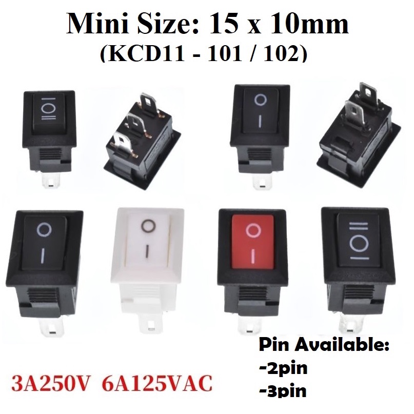 15 x 10mm Mini Square Rocker Switch 2Pin / 3Pin ON OFF Switch 3A 250V ...
