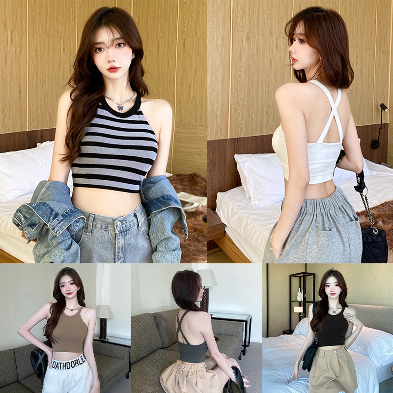 Women's Tank Top Basic Crop Tops Suspenders Backless Sleeveless Stripe ...