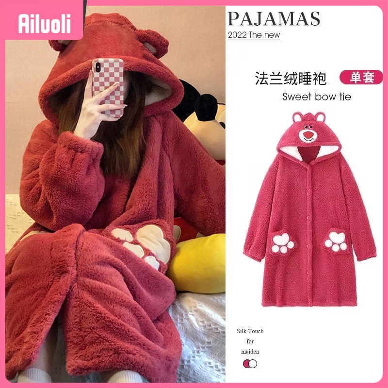 Cute Strawberry Bear Coral Fleece Pajamas Women Winter Nightdress Thick