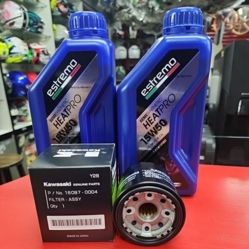 HARI RAYA PACKAGE ENGINE OIL 4T ESTREMO 15W50 HEATPRO + OIL FILTER KAW