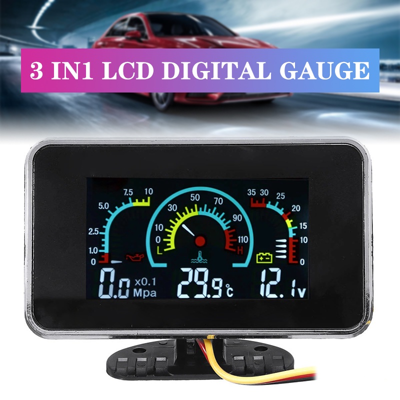 3 In 1 LCD Car Digital Gauge Pressure Volt Water Temperature Oil ...