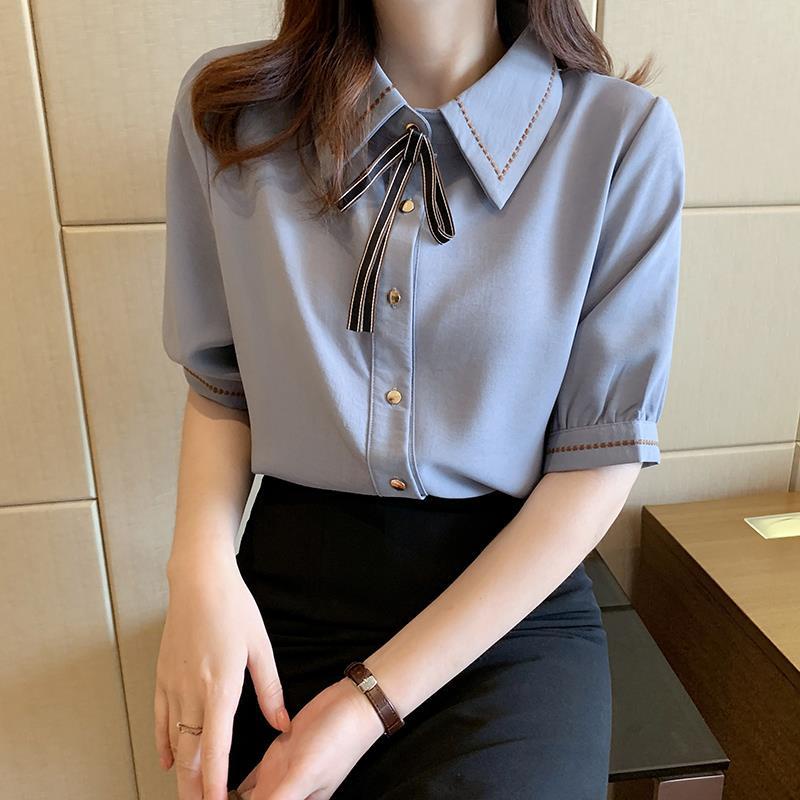 Plus Size 80KG Short Sleeve Bowknot Chiffon White Shirt Women's ...