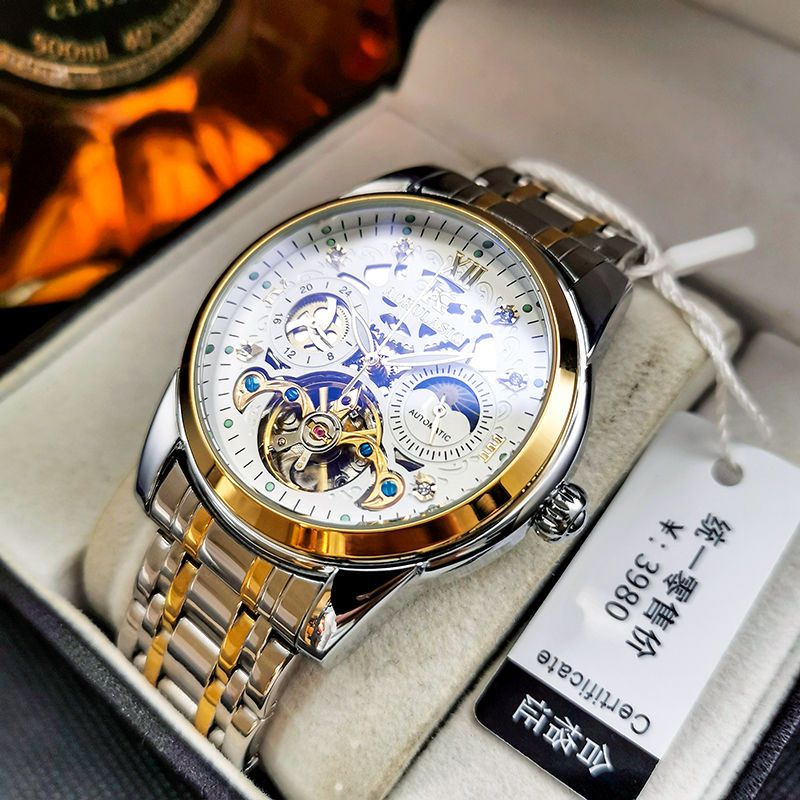 Jam tangan mekanikal automatik tourbillon besar baru dua muka berlubang