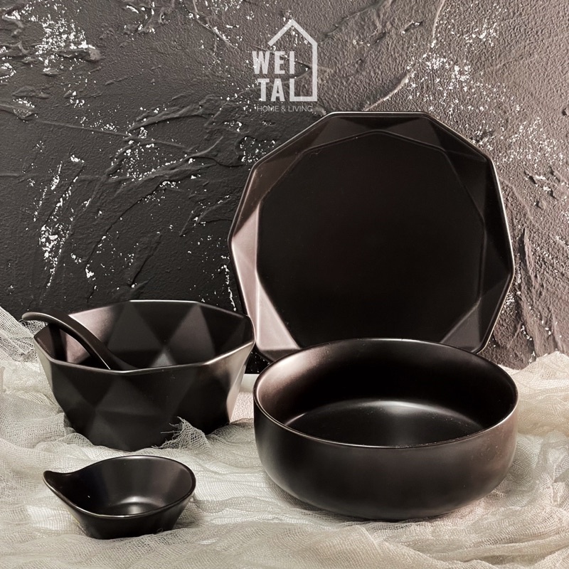 Ceramic Bowl Set Black Series Plate Black Matte Spoon Soup Spoon