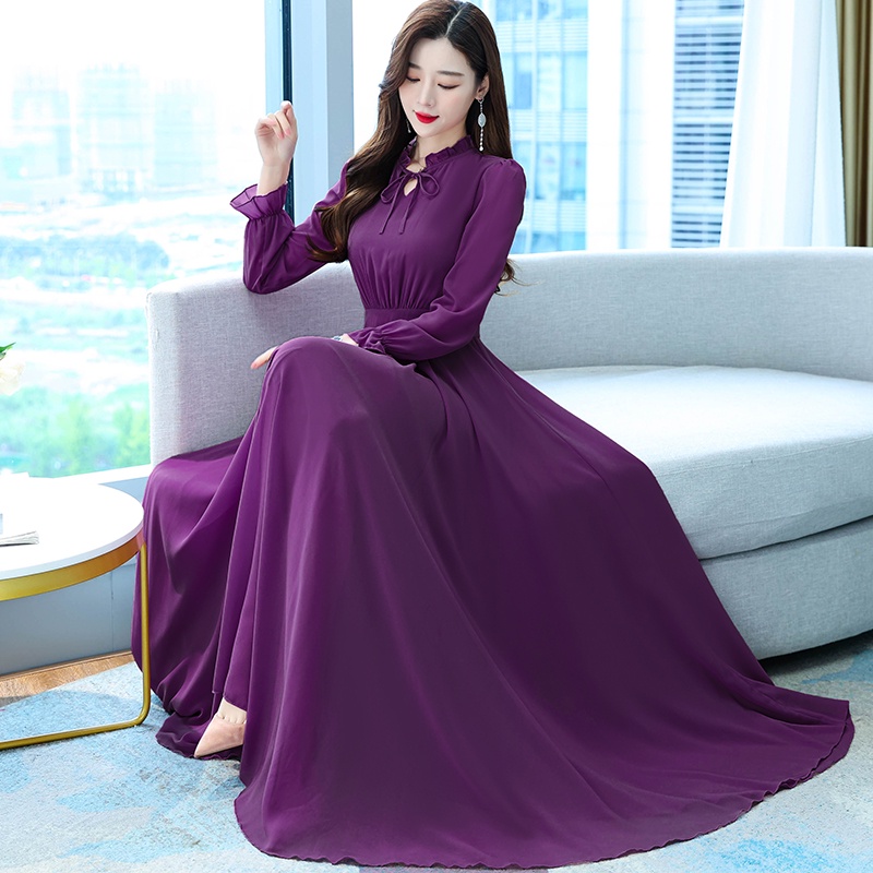 chinese dress ladies Temperament Retro Chiffon Long Sleeve Long Skirt Dress
