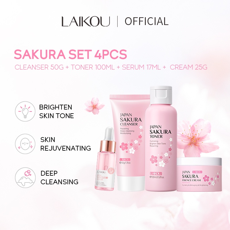 LAIKOU Sakura Face Toner Set Cherry blossoms Moisturizer Antiaging Skin Rejuvenation 4pcs