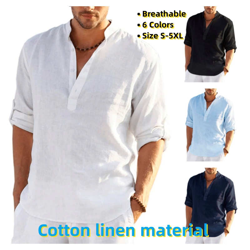 Men's Linen Cotton Long Sleeve Shirt Raya Kurta Casual Loose Plain ...