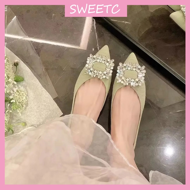 SWEETC Kasut raya perempuan Raya 2024 Plus Size43 Women s Fashion Pointed Toe Rhinestone Flats Bridesmaid Wedding Shoes Shopee Malaysia