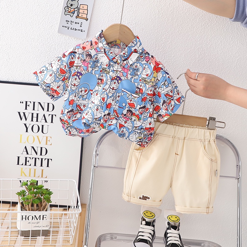 Summer Baby Clothes Suit Children Boys Full Printe Doraemon Shirt