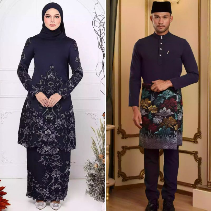 Raya 2023 Vanessa Kurung Moden Lace Baju Melayu Couple Navy Blue