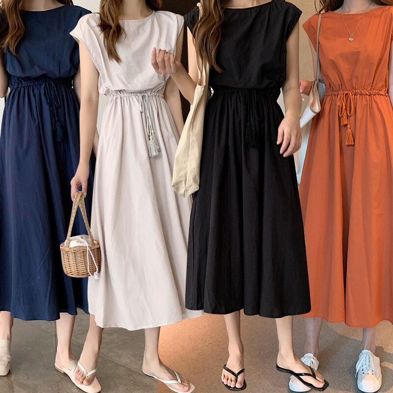 Loose Style Cotton Linen Dresses Women Long Dresses Short Sleeve