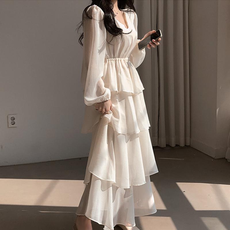 2023 new fashion long-sleeved waist dress cake dress long white ...