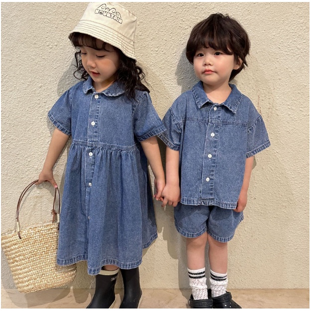 Summer Denim Suit Boys New Style Baby Short Sleeved Dress Girls Sister Brothers Sisters Shopee Malaysia