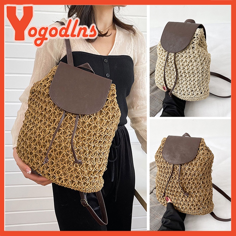 Yogodlns Women Drawstring Straw Backpack Weaving Daypack Small Travel ...