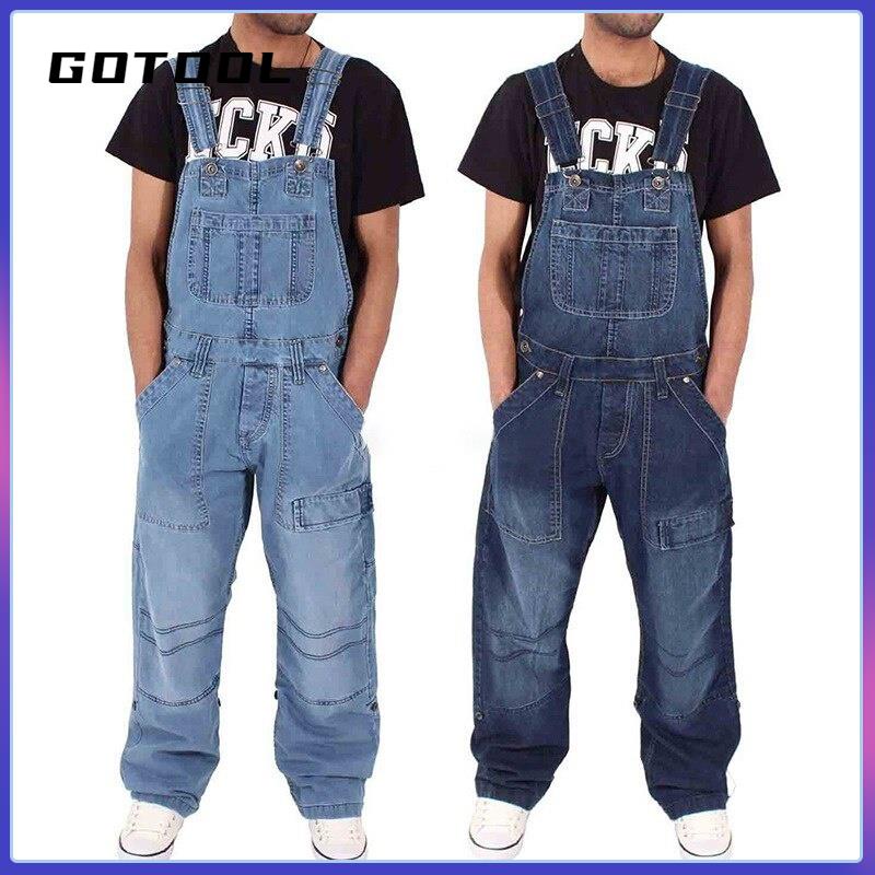 Men Denim Bib Overalls Jeans Loose Jumpsuit with Pocket Pants Work Trousers  Blue