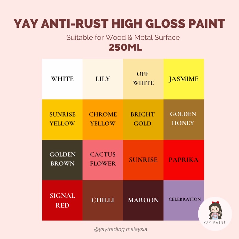 250ML YAY AntiRust HIGH Gloss Paint ( Wood & Metal ) Waterproof // Anti Microbial 1st Shopee