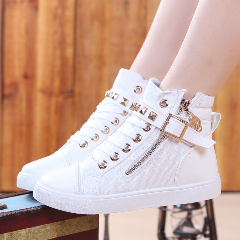 Small white shoes sneakers with flat side zippers Women's Versatile ...