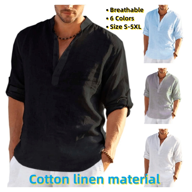 Men's Casual Linen Cotton Long Sleeve Shirts Mature Loose Plain Shirt