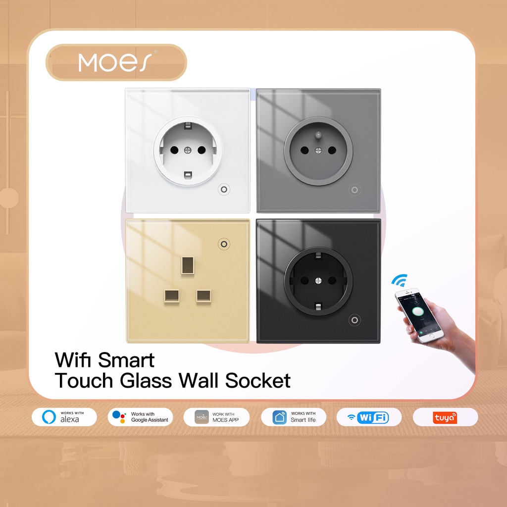 WiFi Smart Wall Socket Glass Panel Outlet Power Monitor Touch Plug Relay Status Light Mode Adjustable EU, EU / White