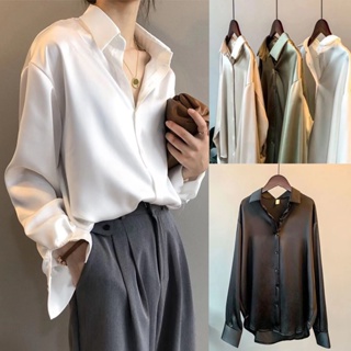 Korean Blouse Women Satin White Shirt Retro Long Sleeve Korea Casua Plain Top  2023 Fashion