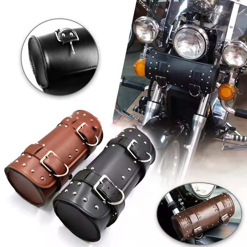 Universal Leather Motorcycle Tool Bag Fork Handlebar Saddlebag Roll Barrel  Pouch