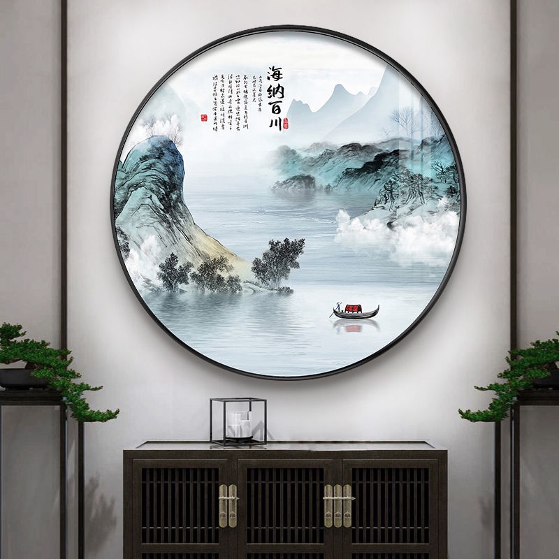 Decorative Painting【现代简约】新中式客厅山水画挂画玄关装饰画寓意好鸿运当头入户走廊圆形壁画 | Shopee Malaysia
