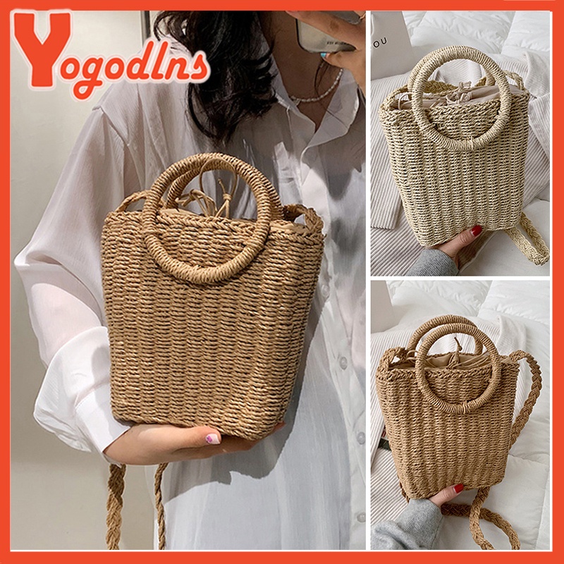 Yogodlns Handmade Woven Straw Bucket Shoulder Bag Women Summer Round ...