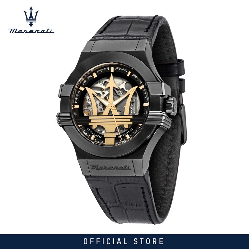 Maserati Potenza Automatic Black Dial Black Leather Strap Watch For Men - R8821108036