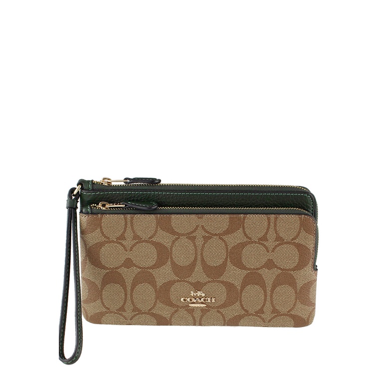 Coach Double Zip Wallet In Signature Canvas - Brown/Amazon Green ...