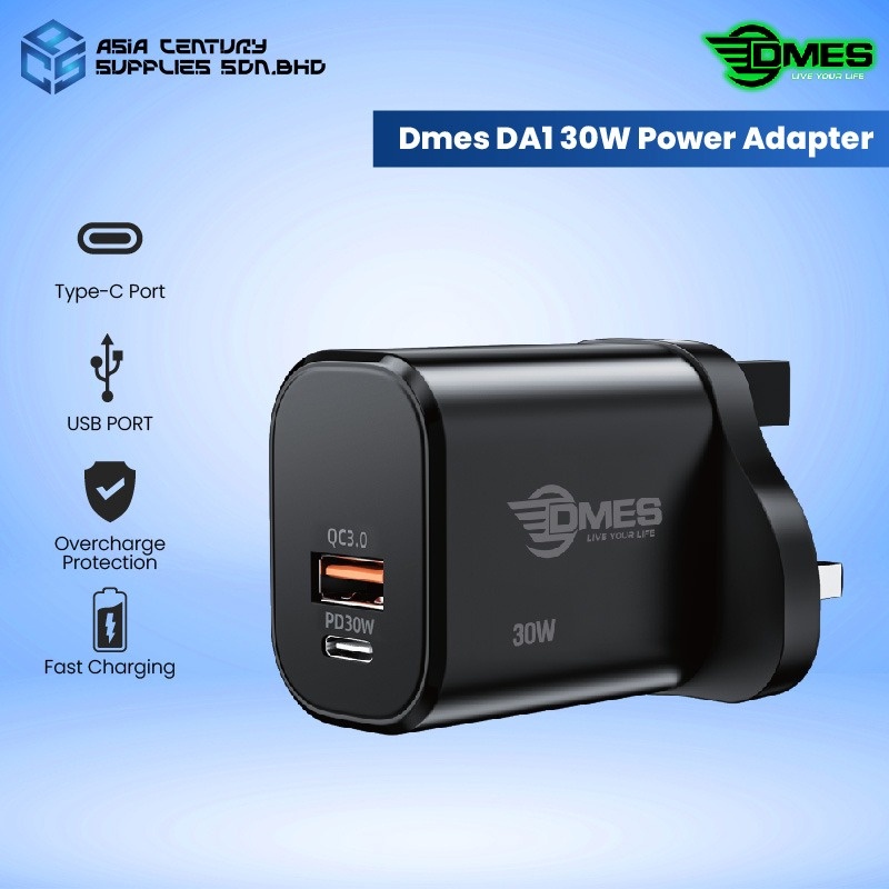 DMES DA1 Charger / 30W / Type C & USB Port / Fast charge / PD+QC3.0 / 1 ...