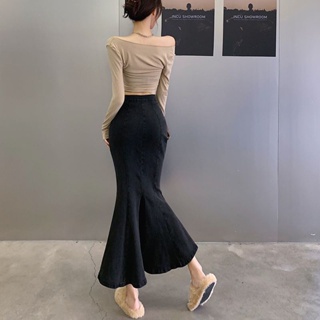 2023 Fashion Korean Denim Fishtail Skirts Women's Mid High Waist Slim  Ruffled Jeans Skirts Long Slit Wrap Mermaid Skirt