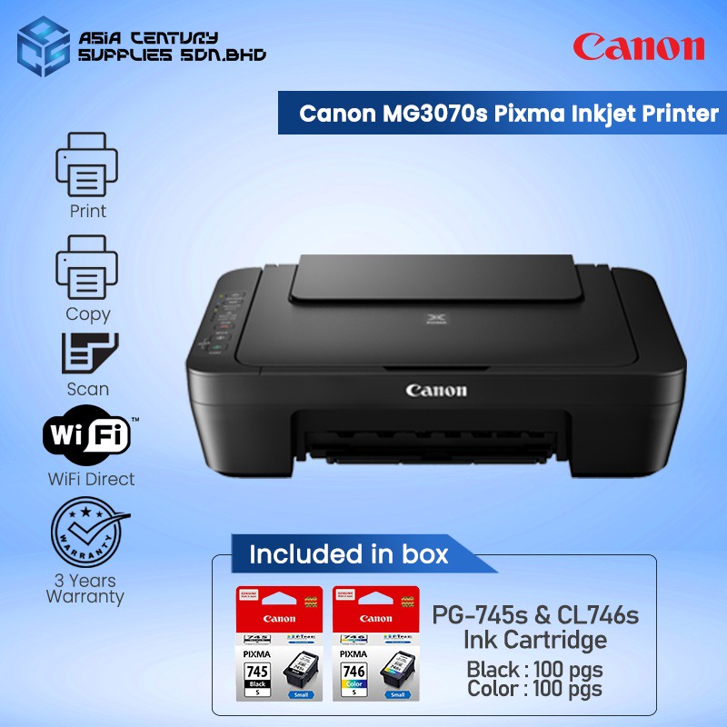 Printer Canon Pixma Mg3070s Wireless All In One Color Inkjet Print Scan Copy Pg745 Cl746 5573